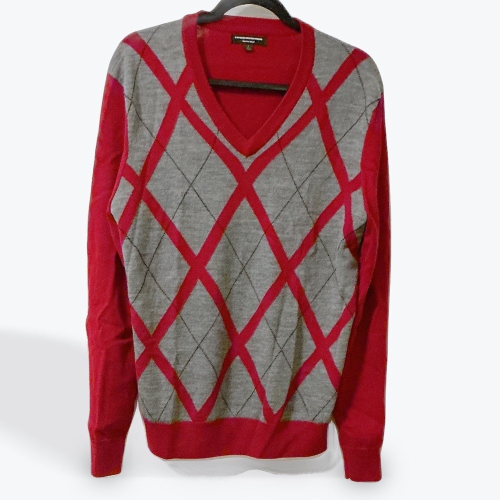 Express Design Studio Men's Merino Wool Argyle V Neck‎ Sweater Red Gray Size L